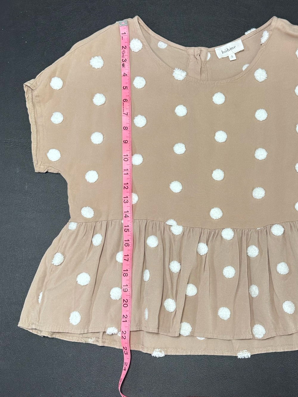 🌸 Boho Beige Pom Pom Peplum Top Sz S ✨ - Picture 7 of 7